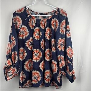 NWT Karen Kane Citrus Splash Blouson Sleeve Shirt Size S Navy Orange Boho